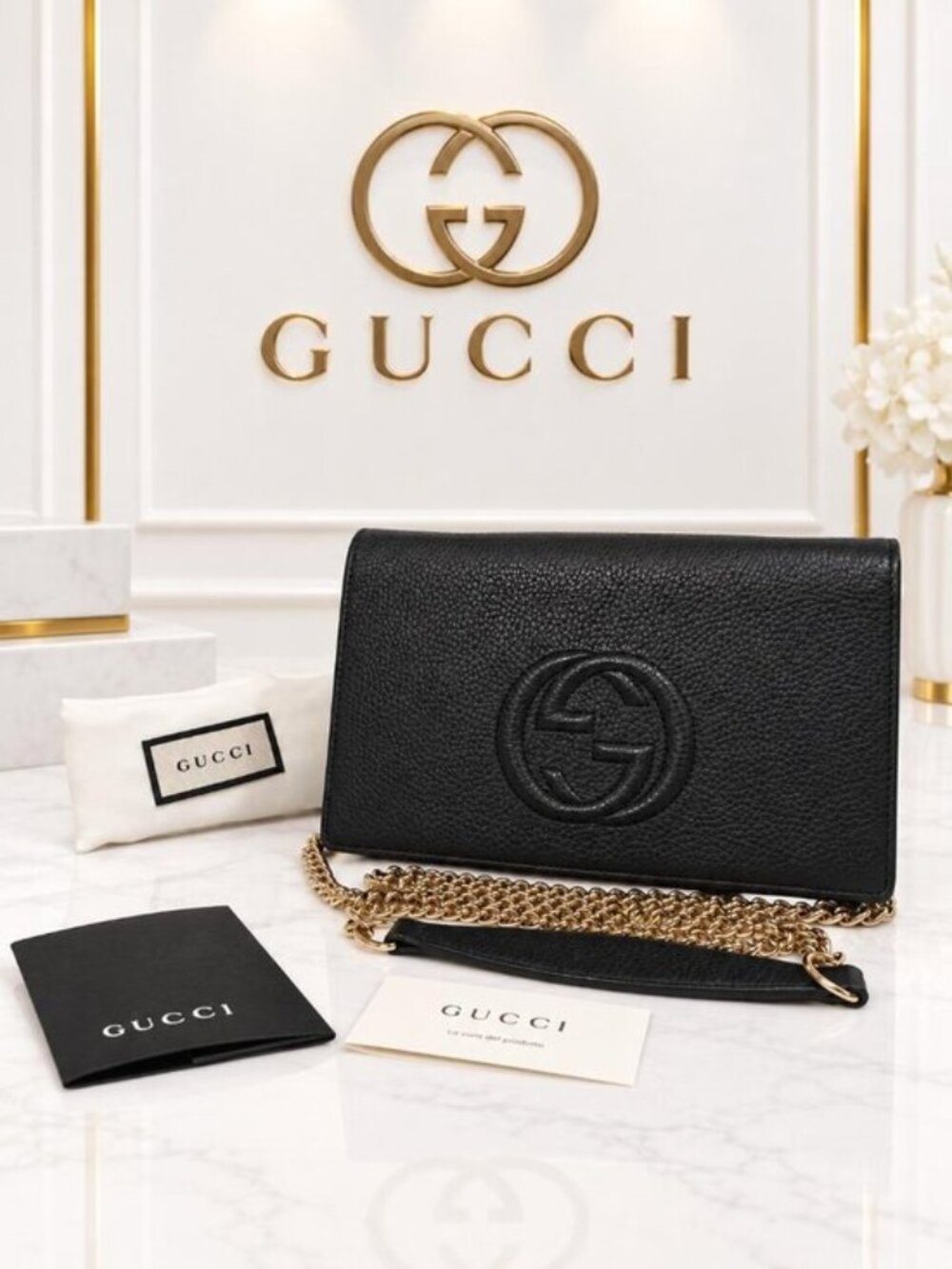 Authentic Gucci Chain Clutch Crossbody Black Leather Bag